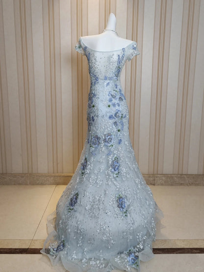 Élégante Robe de Soirée Sirène Grise Épaules Dénudées avec Dentelle pour 18ème Anniversaire et Bal de Promo N4197