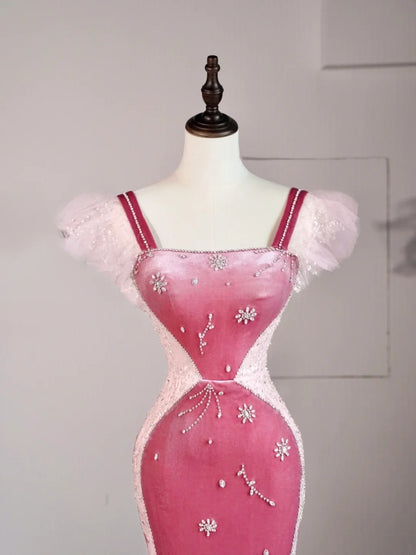 Robe de bal de fin d'année élégante, coupe sirène carrée, en velours rose sans manches, robe longue de cérémonie pour lycéenne N1277