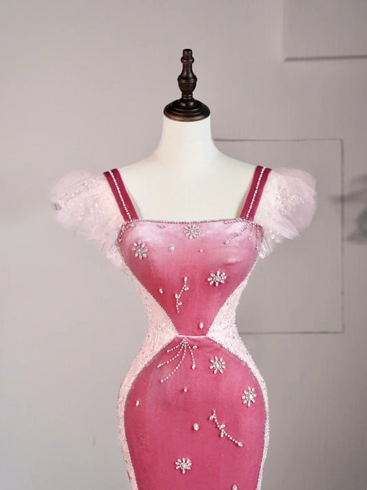 Classy Mermaid Square Pink Velvet Sleeveless Senior Prom dresses High School Long Formal Dress N1277