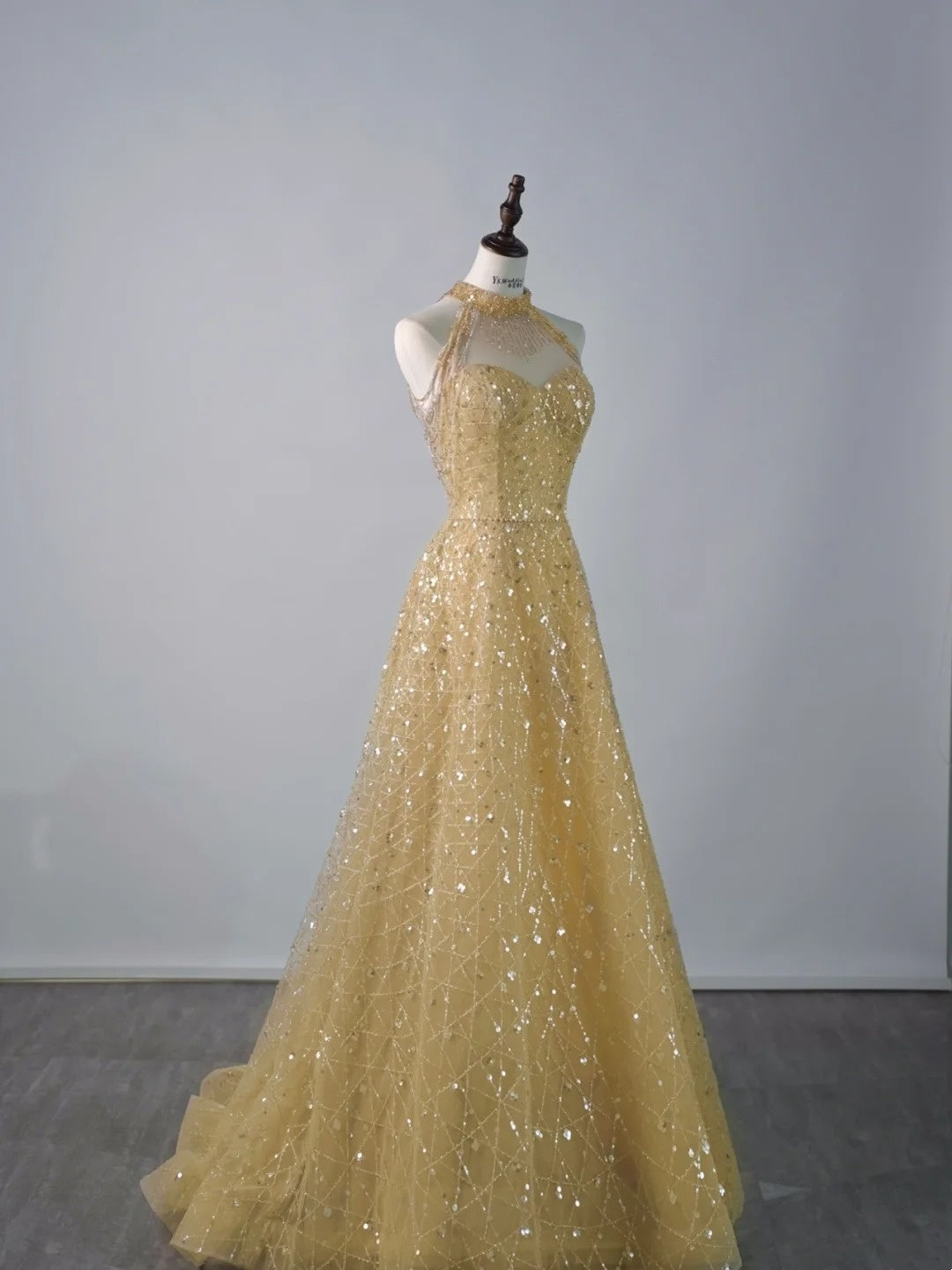 Robe de bal longue à paillettes jaunes, col montant, pour lycéennes (N1290)