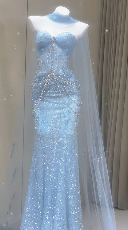 Blaues Meerjungfrauen-Abendkleid, ästhetisches, herzförmiges Tüllkleid, langes formelles Abendkleid AB1664