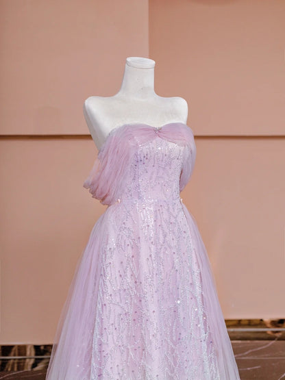 Robe de soirée longue à paillettes roses, coupe trapèze, épaules dénudées et manches courtes, modèle N723
