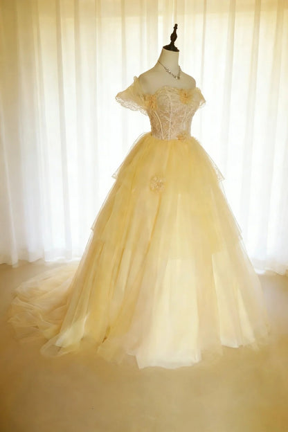 Robes de bal de promo modestes style princesse, en tulle jaune, avec manches, longues robes de Quinceañera N2967