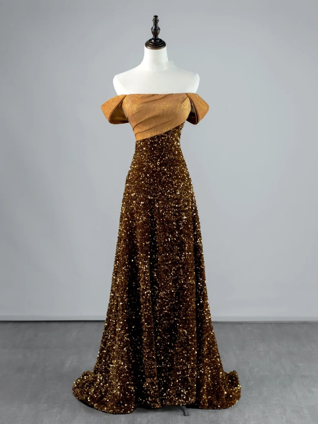 Robe de bal longue à sequins, coupe trapèze, épaules dénudées, style sage, idéale pour les jeunes filles (N1167)