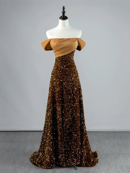 Robe de bal longue à sequins, coupe trapèze, épaules dénudées, style sage, idéale pour les jeunes filles (N1167)
