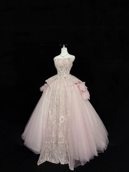 Sweet 16 Dresses Long Ball Gown Sweet Sixteen Long Birthday Dress Strapless Pink Lace Tulle Formal Gown RC0283