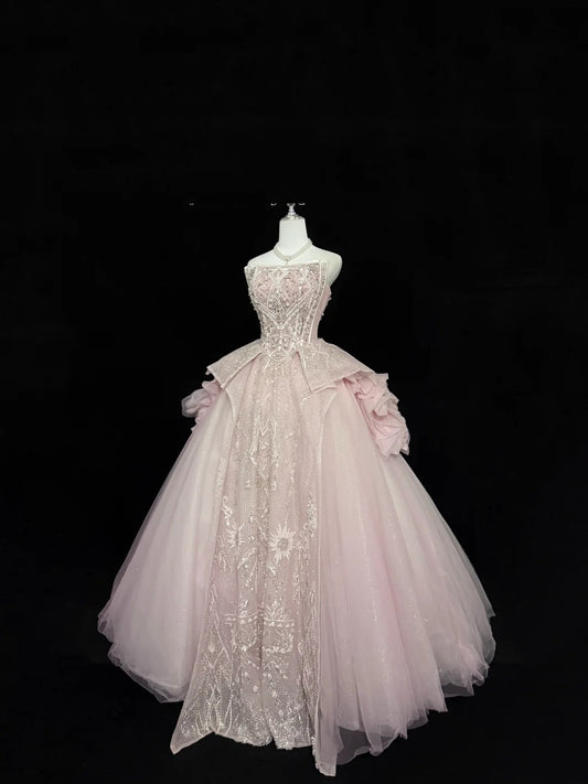 Sweet 16 Dresses Long Ball Gown Sweet Sixteen Long Birthday Dress Strapless Pink Lace Tulle Formal Gown RC0283