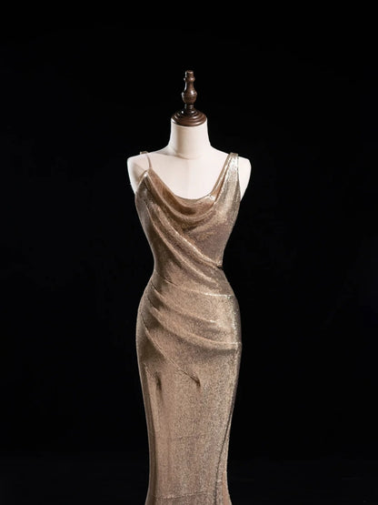 Robe de bal longue sirène à paillettes et col asymétrique, sequins, couleur champagne, inspiration tenue de soirée N228