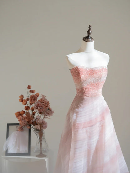 Robe de bal élégante sans bretelles en tulle rose ornée de cristaux et de perles, robe de soirée longue, tenue pour un 18e anniversaire, robe de remise de diplôme N233