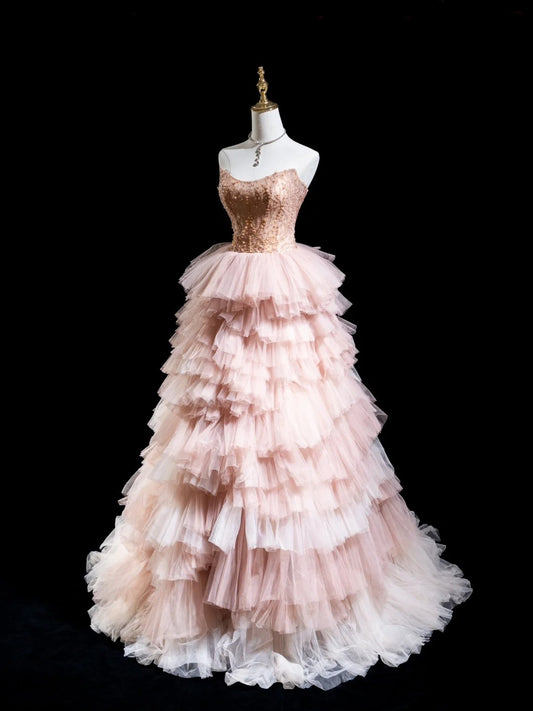 Beautiful Pink Ball Gowns Strapless Satin Tulle Party Dresses Prom Dresses Impress Sweet 16 Formal Dress N296