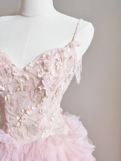 Robe de bal longue en tulle rose poudré à fines bretelles spaghetti, inspiration robe de soirée formelle N235