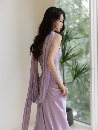 Robe de soirée longue sirène lilas fendue, sans bretelles, N277