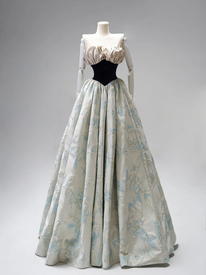 Modest Ball Gown Strapless Floral Blue Satin Long Evening Prom Dresses Floor Length Evening Formal Dress N273