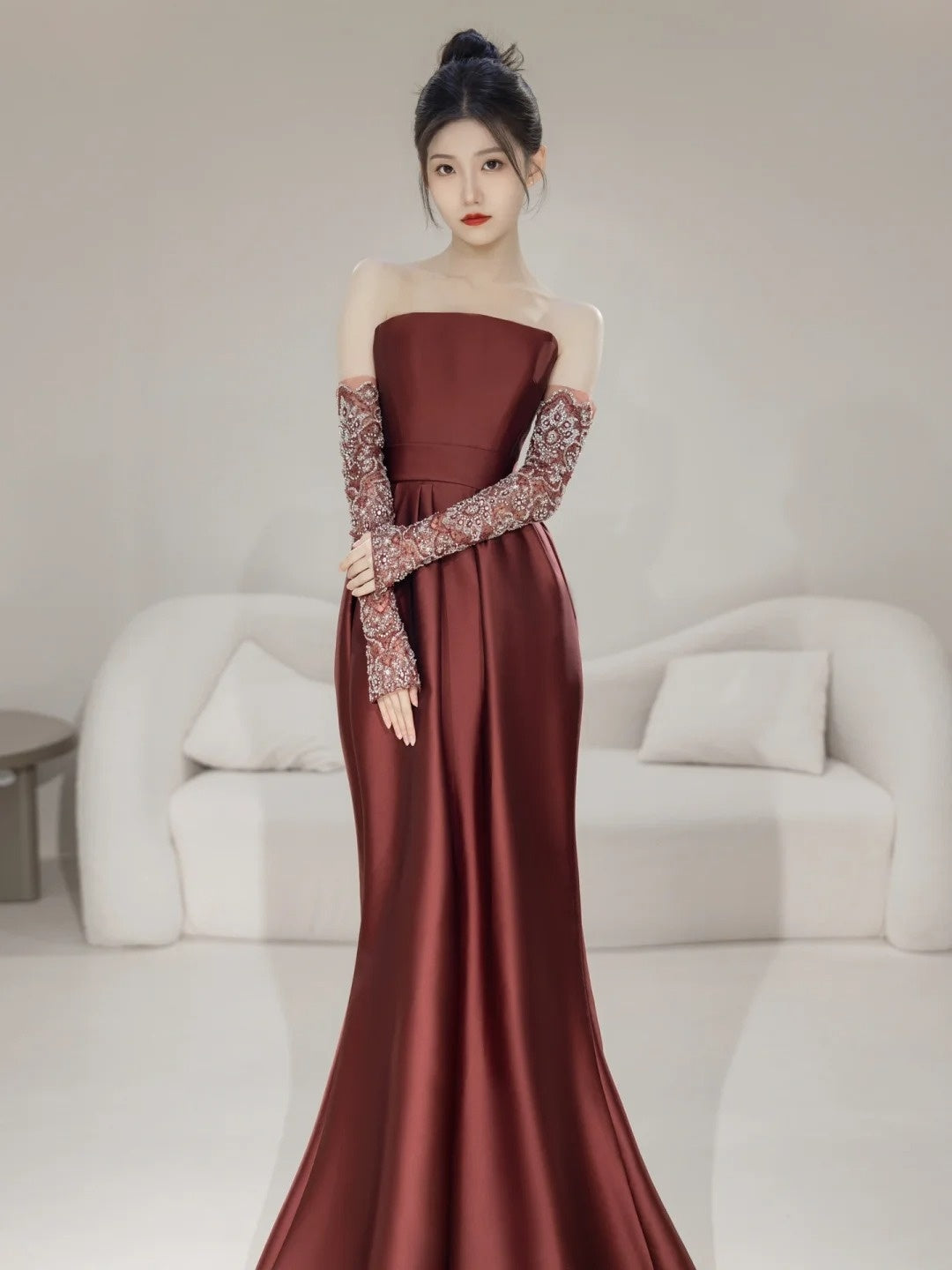 Modest Mermaid Strapless Satin With Gloves For Women Party Dress Long Formal Prom Dresses 22th Birthday Outfits N297