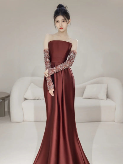 Modest Mermaid Strapless Satin With Gloves For Women Party Dress Long Formal Prom Dresses 22th Birthday Outfits N297