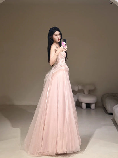 Sweet Ball Gown Strapless Pink Tulle With Lace For Women Party Dress Long Formal Prom Dresses 22th Birthday Outfits N298