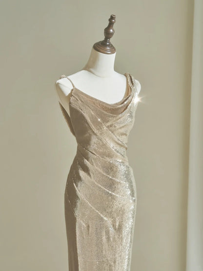 Elegantes, champagnerfarbenes Paillettenkleid im Meerjungfrauenstil für Damen – langes, formelles Ballkleid zum 22. Geburtstag (AC048)