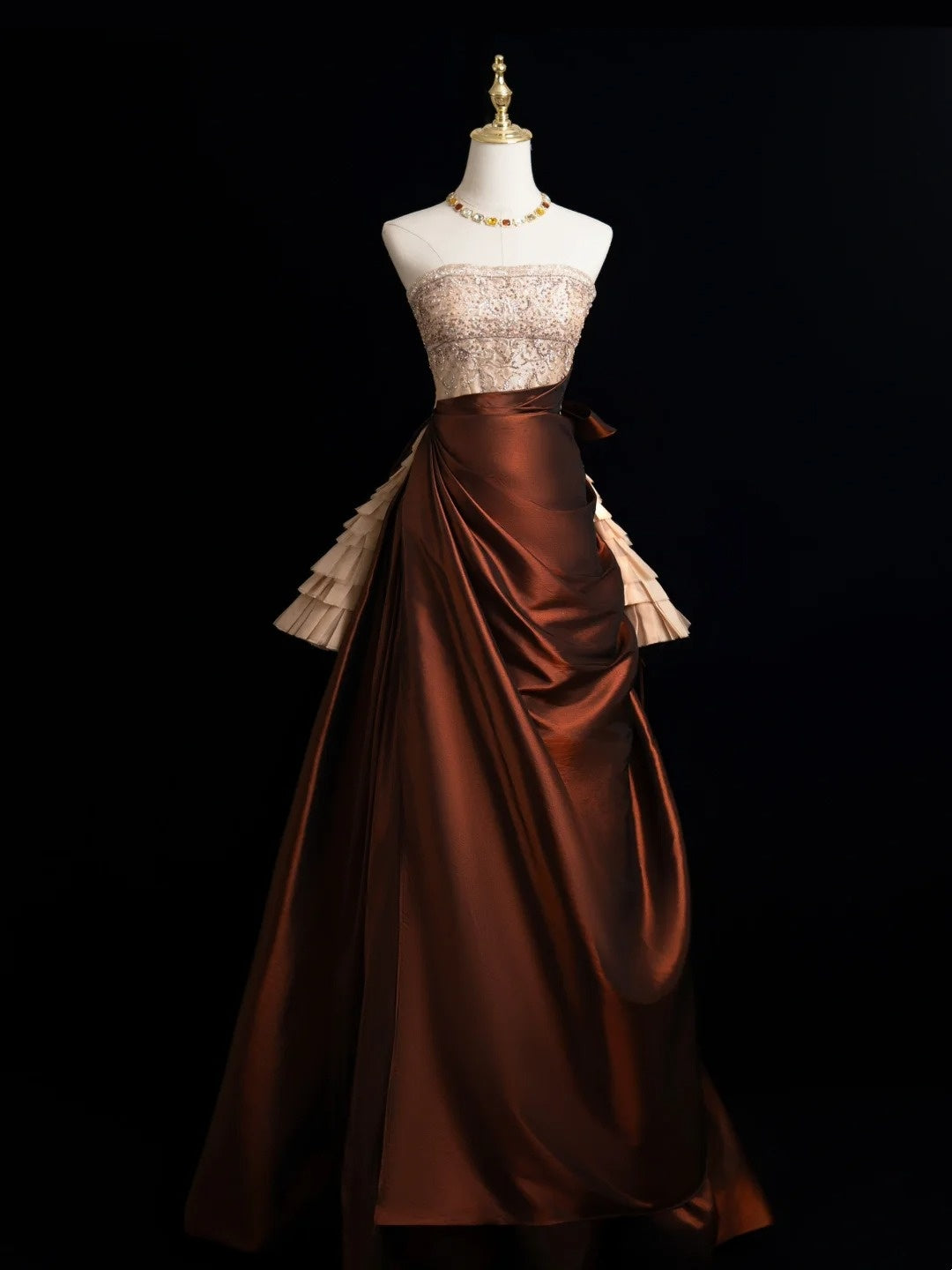 Robe de bal sobre sans bretelles, haut champagne à perles, jupe marron, robe de soirée longue, robe de bal longue, robe de soirée formelle N272