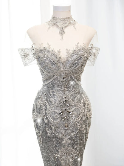 Fairytale Fantasy Art Wedding Dresses Mermaid Off The Shoulder White Sequin With Beaded Bodice Long Brides Dress Fitted Bridal Gowns N673