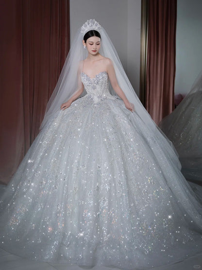 Modern Minimalist Ball Gown Sweetheart Sleeveless White Sequined Brides Gown Bridal Dress Wedding Dresses Style RB6563