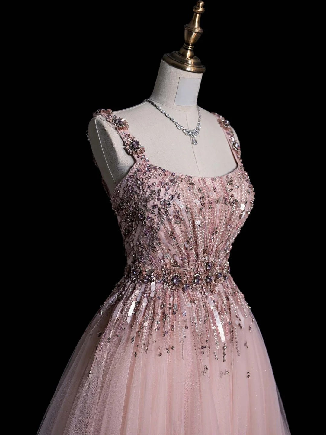 Elegantes Ballkleid mit eckigem Ausschnitt, langes, rosa Tüllkleid für Teenager, Abendgarderobe, formelles Kleid N1084