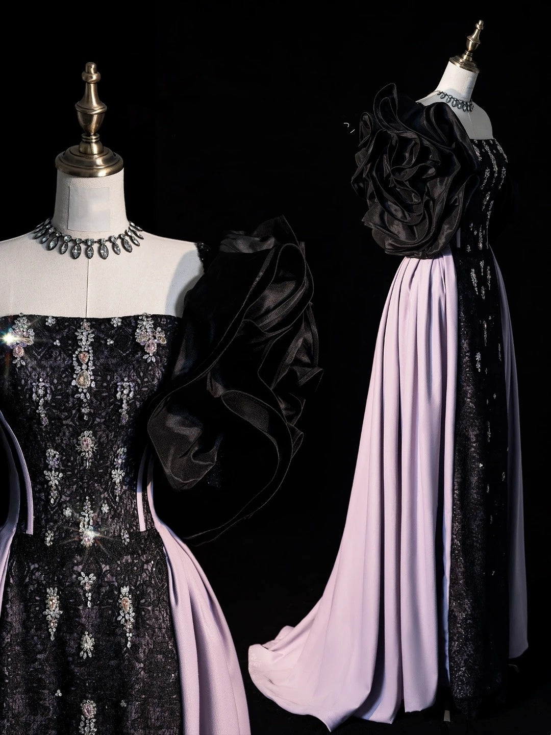 Robe de bal bustier noire à sequins, coupe trapèze, inspiration princesse, référence N1274