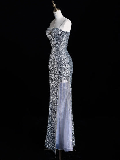 Robe de bal de fin d'année sirène chic à bretelles spaghetti et sequins gris argentés, robe longue de soirée pour lycéennes N1269
