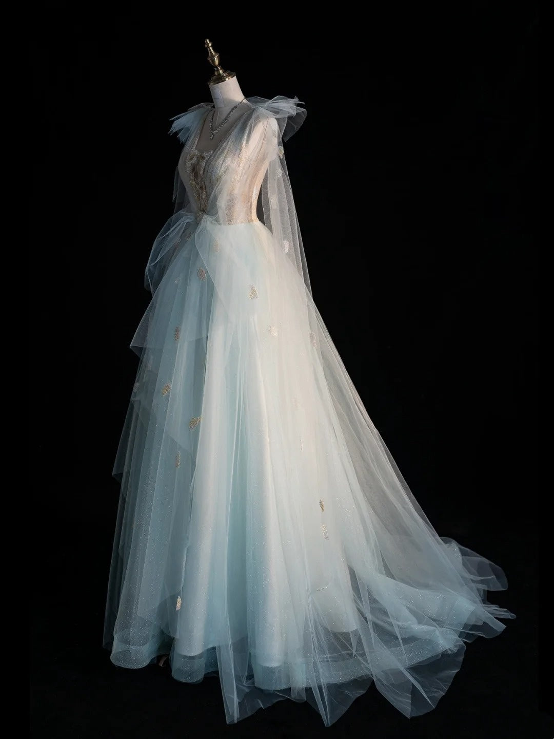 Robe de bal princesse en tulle bleu ciel clair, col en V, tenue de soirée pour le bal de fin d'année scolaire, robe de remise de diplômes pour adolescentes N1344