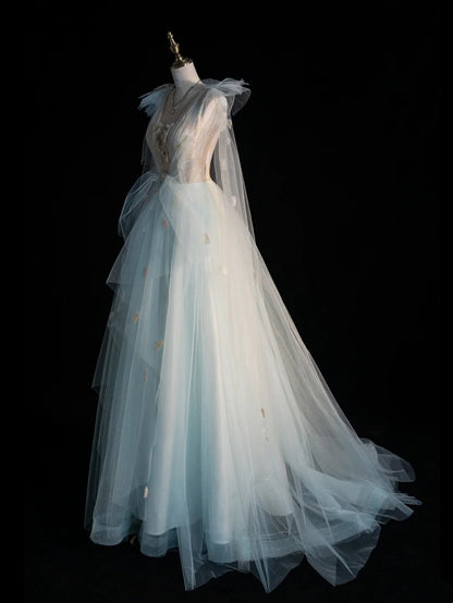 Robe de bal princesse en tulle bleu ciel clair, col en V, tenue de soirée pour le bal de fin d'année scolaire, robe de remise de diplômes pour adolescentes N1344