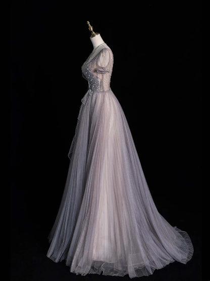 Magnifique robe de bal longue en tulle à col V et manches courtes - Inspiration robes de soirée - Robe de cérémonie N1225