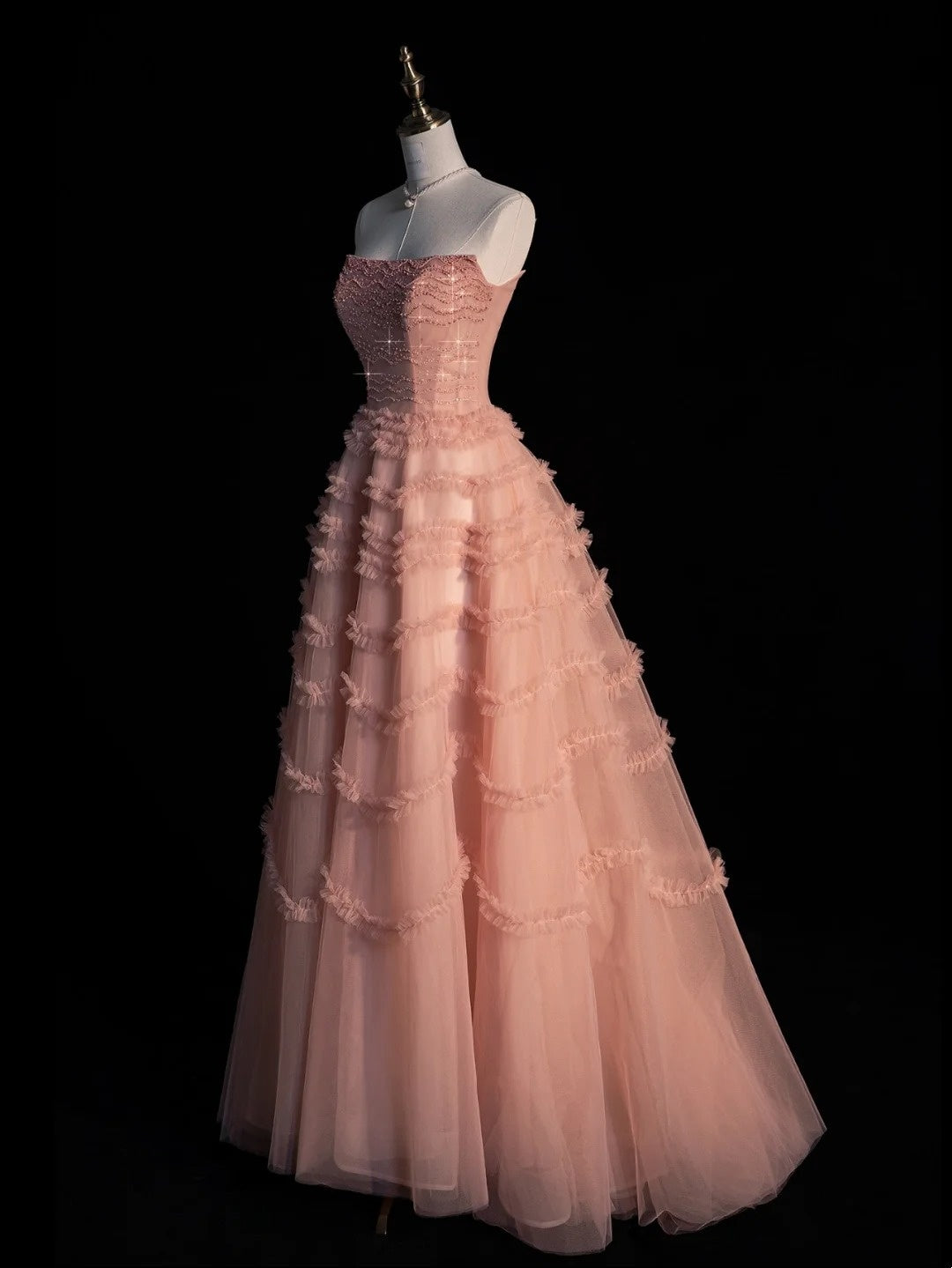 Robe de bal bustier rose poudré en tulle, robe de soirée longue pour lycéenne, N1273