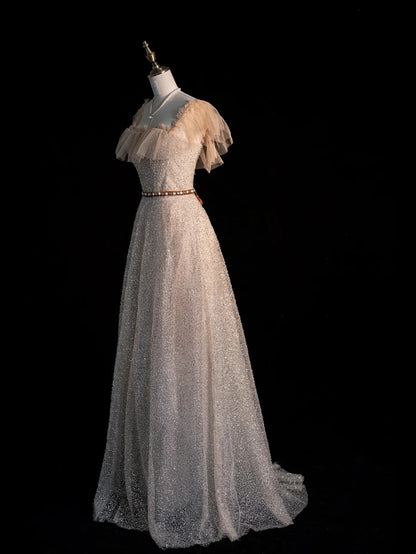 Magnifique robe de bal longue à sequins champagne, coupe trapèze, col carré, inspiration tenue de soirée N246