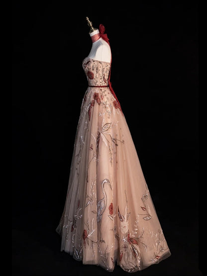 Robe de bal sobre sans bretelles en tulle champagne à fleurs, longue, pour femmes et jeunes filles, N654