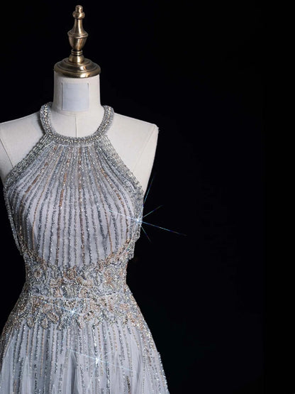 Robe de bal de fin d'année chic, coupe trapèze, dos nu, sequins gris argentés, robe longue de soirée pour lycéennes N1270