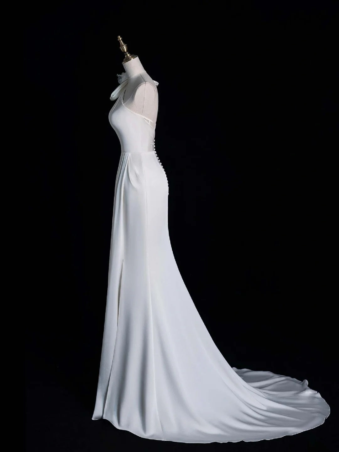 Pretty Mermaid One Shoulder White Satin With Buttons Long Brides Gown Bridal Dress Wedding Dresses Style RB6553