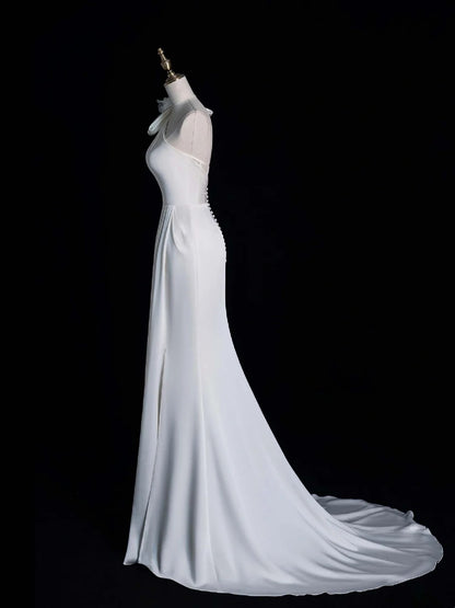 Pretty Mermaid One Shoulder White Satin With Buttons Long Brides Gown Bridal Dress Wedding Dresses Style RB6553