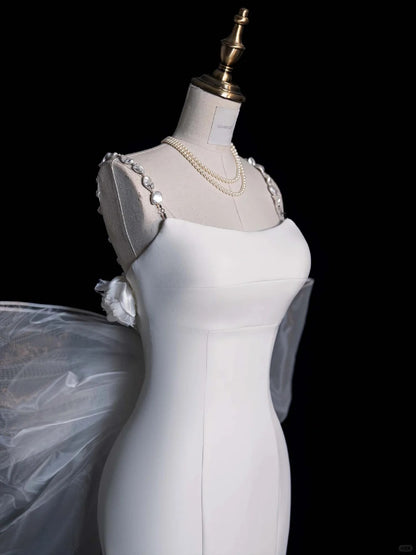 Dreamy Mermaid Straps Satin White With Bow Brides Gown Bridal Dress Style Long Wedding Dresses RB6569