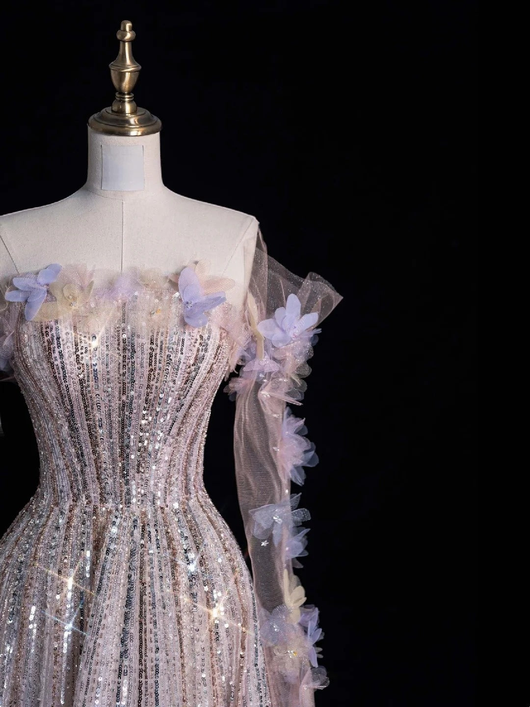 Robe de soirée longue de bal de style princesse, épaules dénudées, à sequins, référence N741