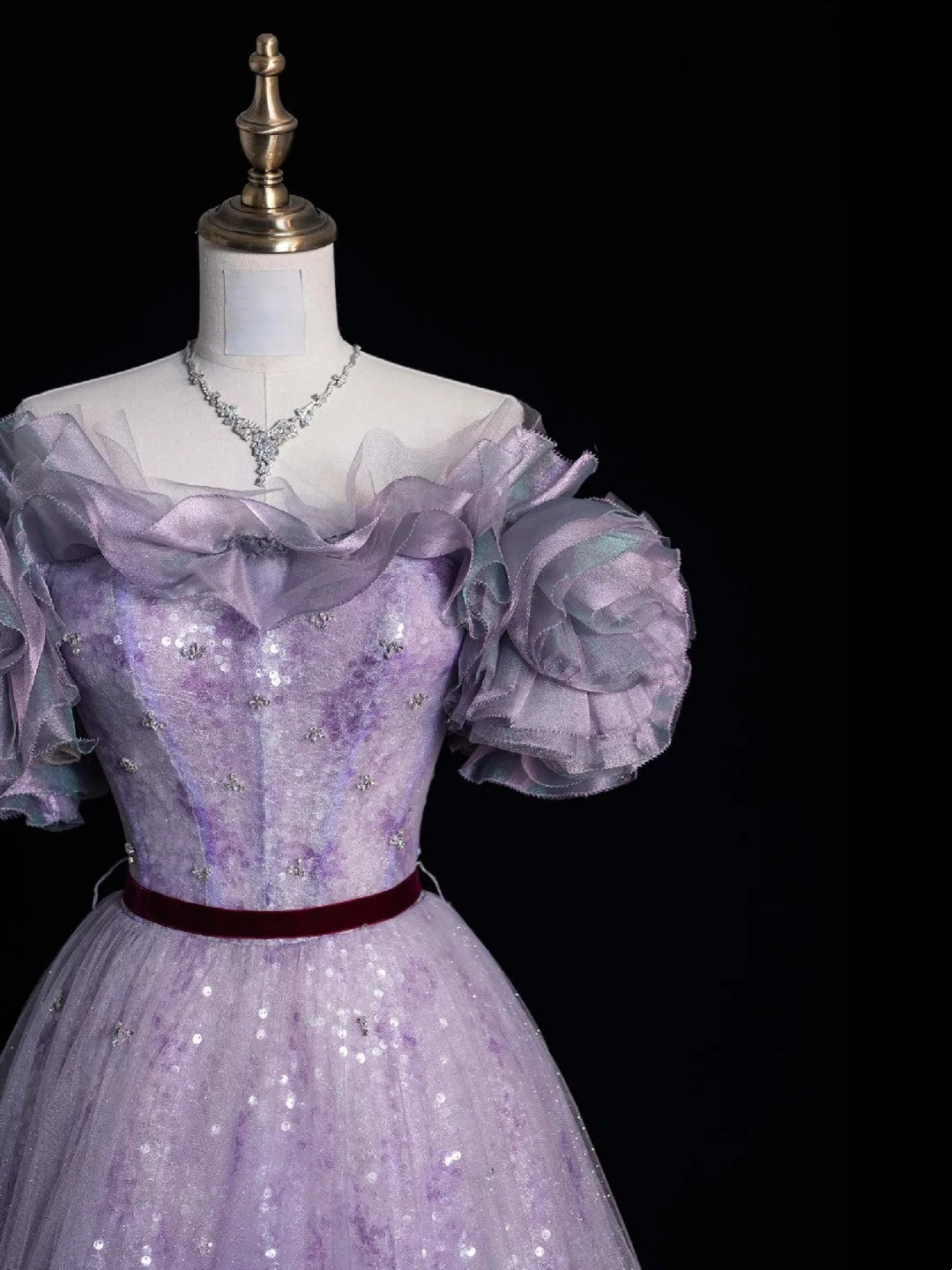 Robe de bal élégante à épaules dénudées, en tulle lilas à sequins, longue robe de soirée pour adolescentes, N1089