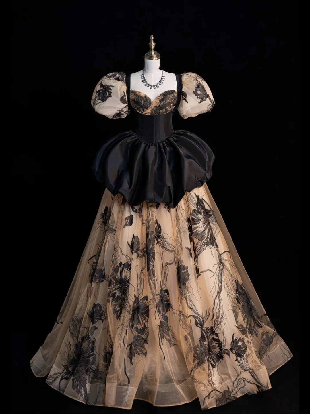 Robe de bal sobre à décolleté cœur et manches courtes bouffantes, noire à fleurs, longue robe de soirée pour femmes et jeunes filles N652