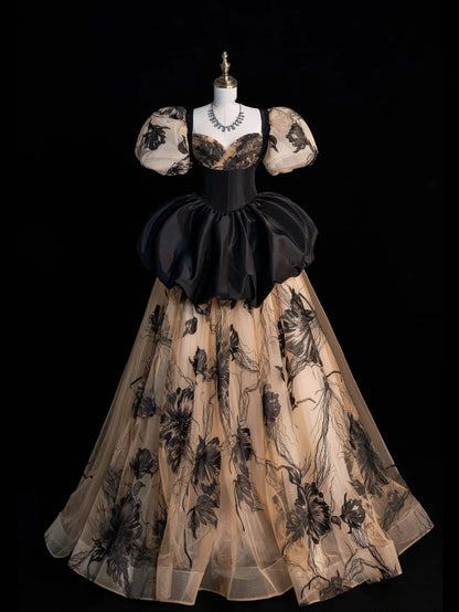 Robe de bal sobre à décolleté cœur et manches courtes bouffantes, noire à fleurs, longue robe de soirée pour femmes et jeunes filles N652