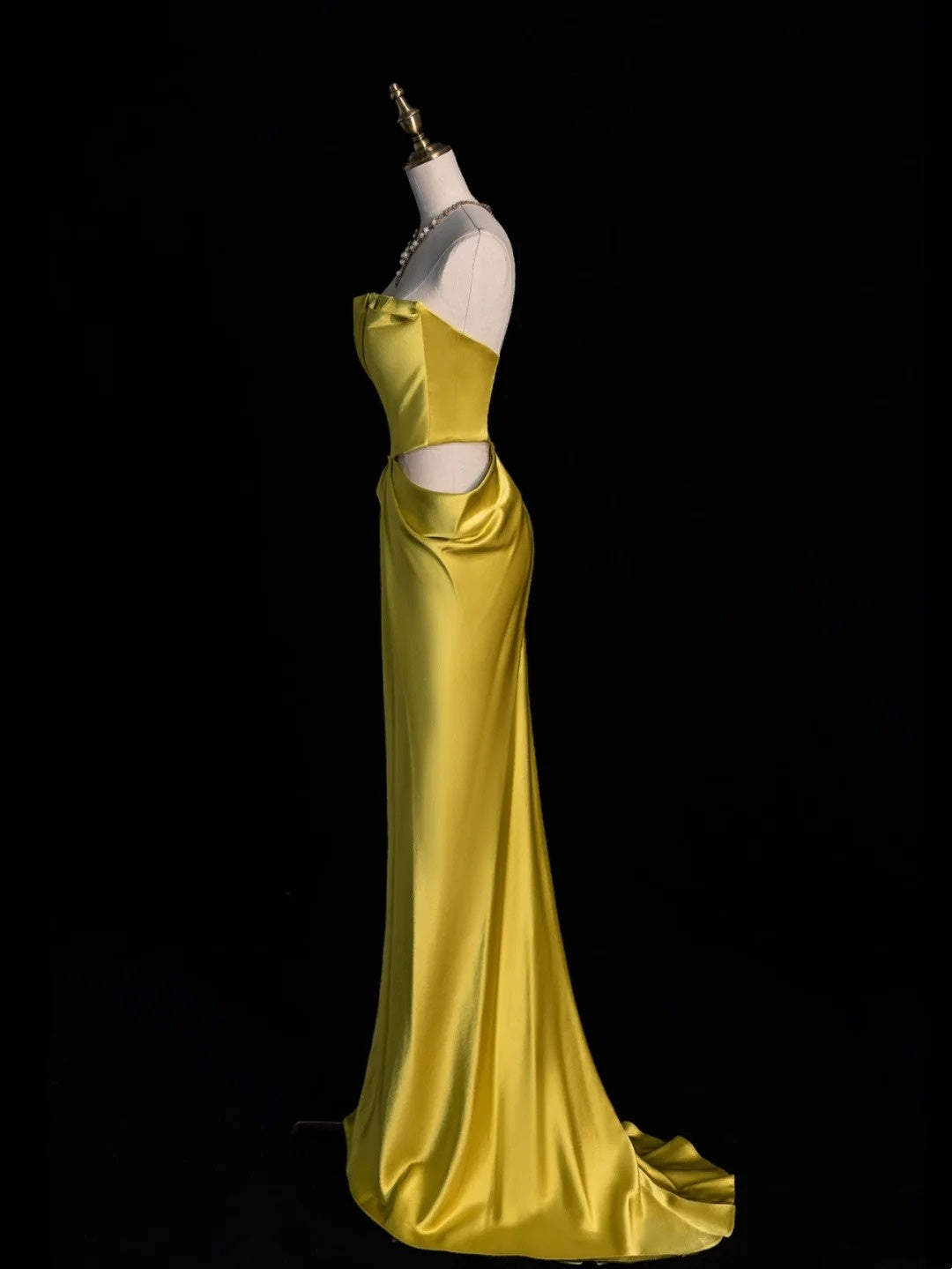 Robe de bal longue sirène sans bretelles en satin jaune, style années 80, pour lycéennes (N1339)