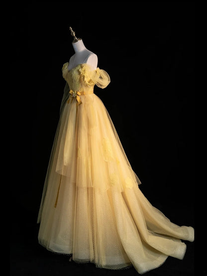 Robe de bal modeste à épaules dénudées en tulle jaune, tenue de soirée pour jeunes filles de 16 ans, manches longues, modèle N1169