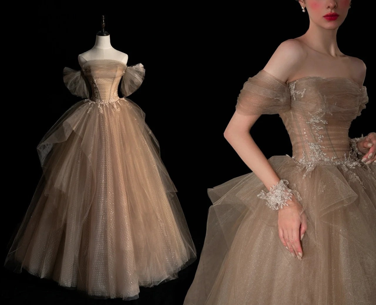 Elegant Ball Gown Off The Shoulder Champagne With Sleeves Tulle Inspiration Long Prom Dresses N1227