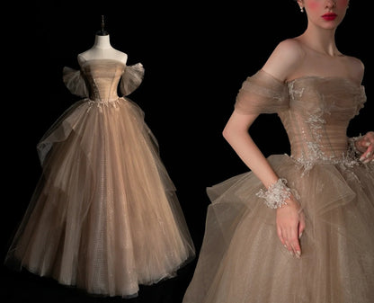 Elegant Ball Gown Off The Shoulder Champagne With Sleeves Tulle Inspiration Long Prom Dresses N1227