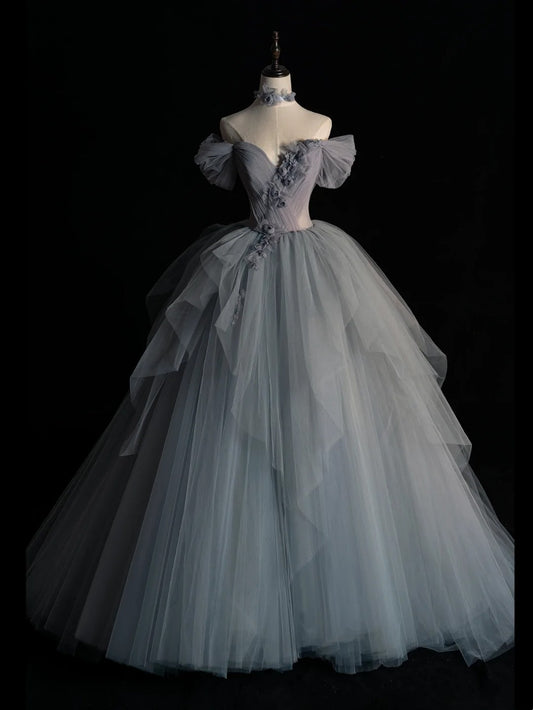 Elegantes, schulterfreies Ballkleid aus grauem Tüll – Inspiration für festliche Anlässe und Prinzessinnenkleider (Modell N760)