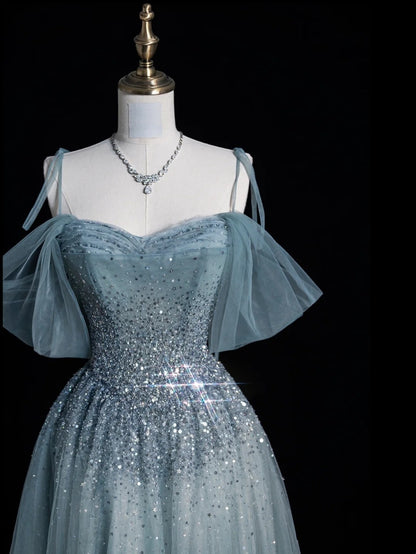 Elegant Ball Gown Off The Shoulder Dusty Grey Tulle Long Prom Dresses For Teens Evening Outfits Formal Dress N1090