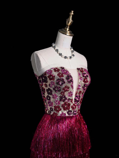 Robe de bal longue fourreau rose à sequins et pompons, sans bretelles, élégante et raffinée (N1073)