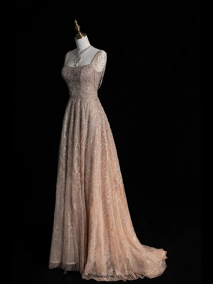 Magnifique robe de bal longue à sequins champagne, col carré, inspiration robes de soirée, robe de cérémonie N1226