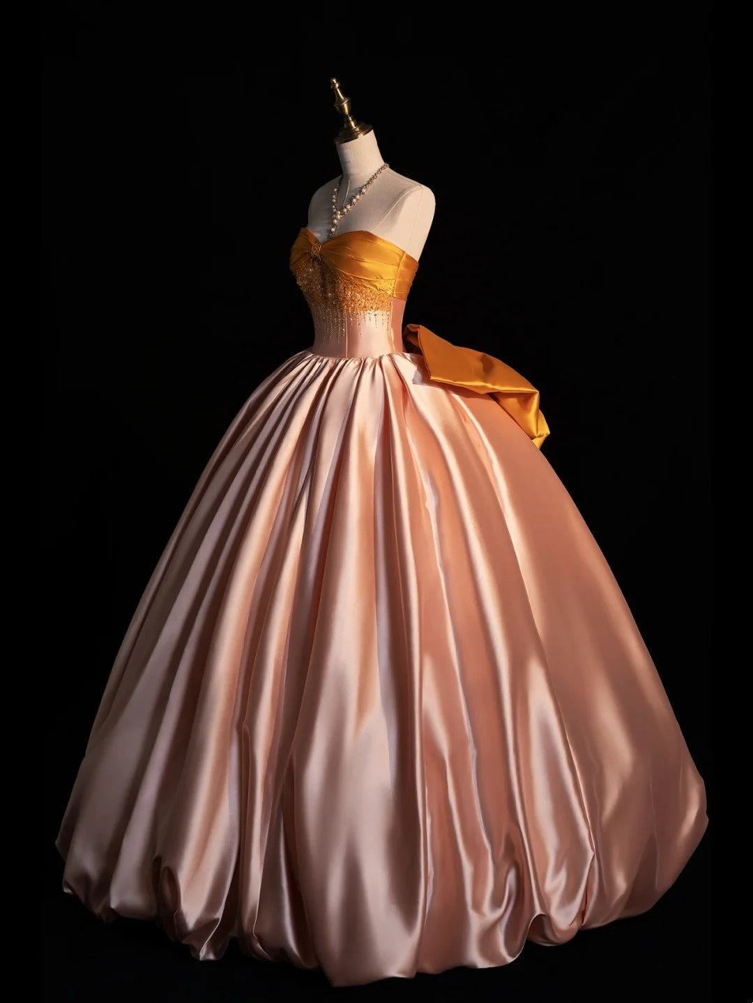 Robe de bal modeste sans bretelles en satin rose, inspiration robes de soirée, robe de princesse formelle N1281
